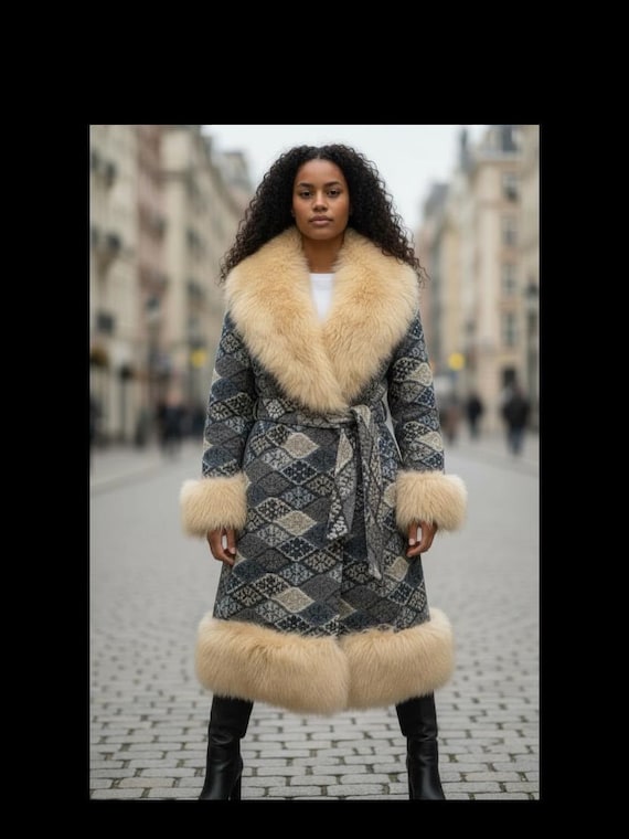 Size L - Vintage 60s 70s Tapestry Snowflake Princess Coat Huge Shearling Fur Collar & Trim Full Length | Country Pacer Penny Lane  Hippie