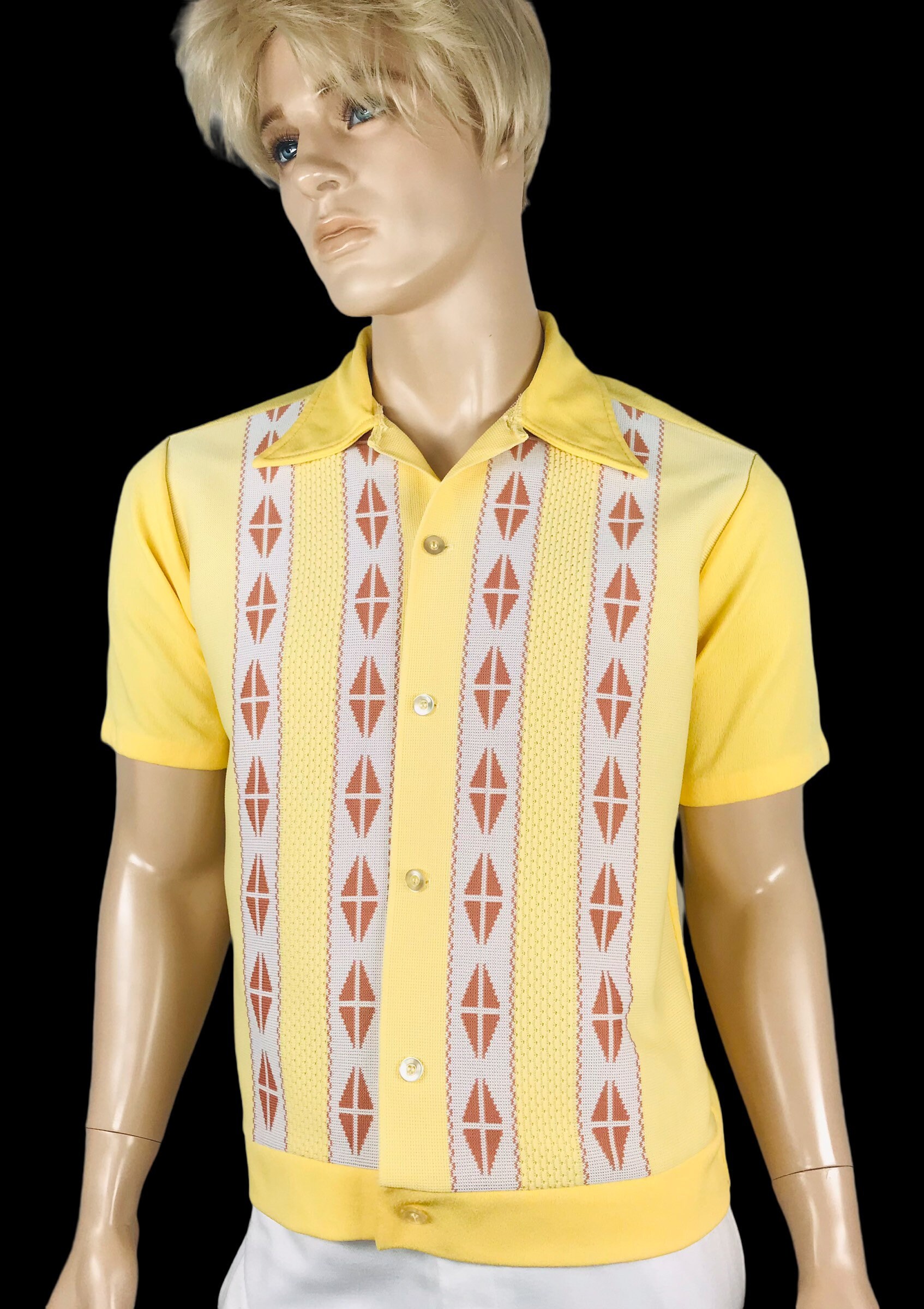Vintage 1970'S Sears Kings Road Check Pattern Long Sleeve Polyester Shirt, Made in Japan, Men's Size Medium polyester white type Vintage Second Hand