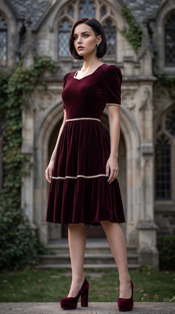 Vintage 1930's 40's Mary Muffet Burgundy Velveteen Romantic Goth Dress | Size S