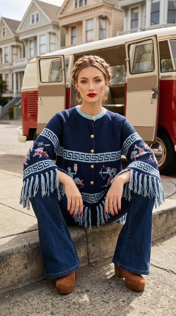 Vintage 70s Horoscope Zodiac SWEATER with Fringe - Blue Double Knit Poncho Style