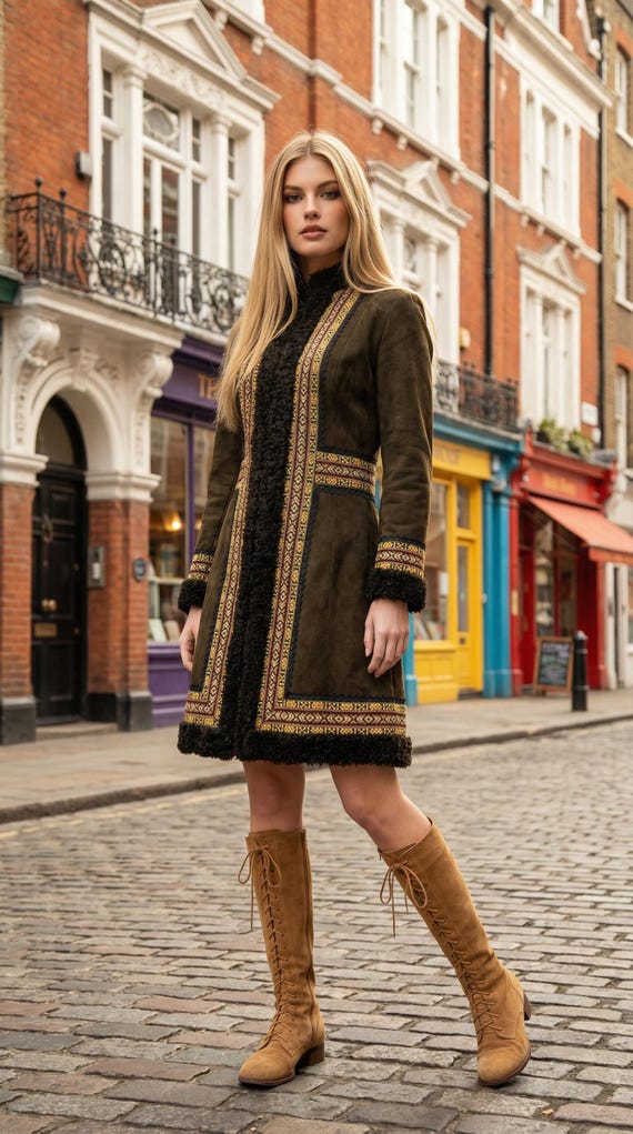 Vintage Oscar De La Renta Coat | 60s 70s Afghan Suede Lambskin Coat with Jacquard Woven Trim | Penny Lane Coat | Hippie Boho Rocker Style
