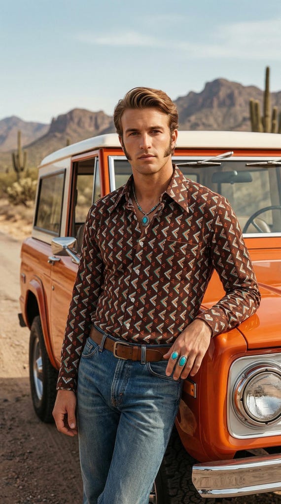 Vintage 70s JOE NAMETH by ARROW Shirt Dark Brown Pixelated Chevron Geometric Aztec Pattern - Hippie Button Down Disco Era | Size L 44" Chest