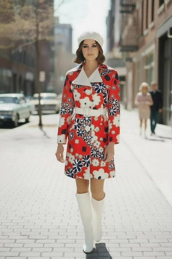 NOS True Vintage 60s Mod FLOWER POWER Coat Spring Summer Lightweight Michel Daniel | Red Blue Bold Print Boho Hippie