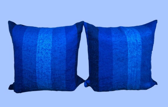Set of 2 - 60s 70s Large 20” Mid Century Striped Blue Monochromatic Mohair Throw Pillows | MCM