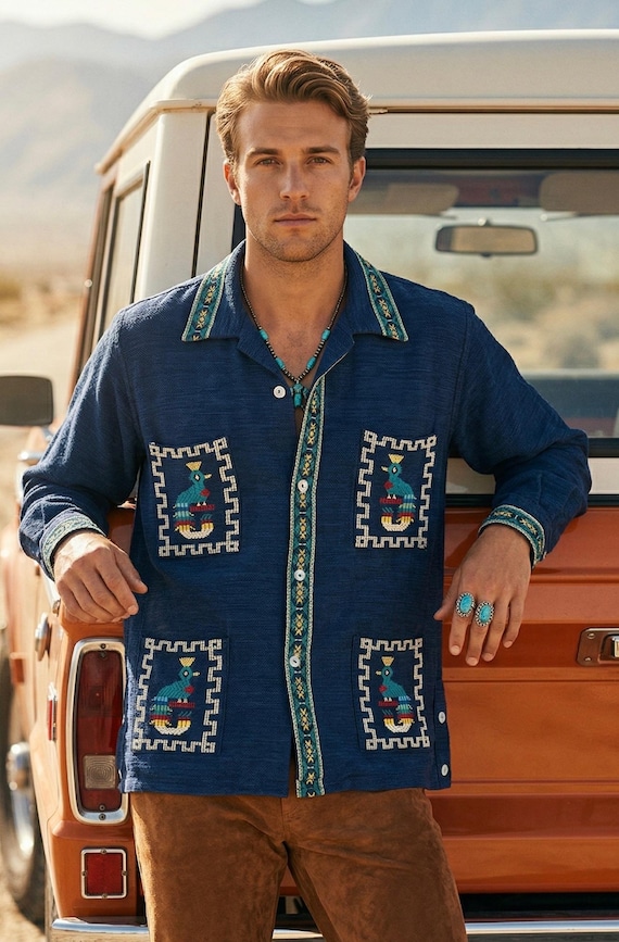 Vintage 70s Quetzal Guatemalan Embroidered Shirt Jacket - Shacket Size L 44 Chest