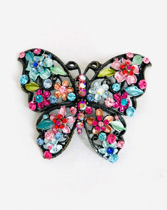 Oh so Pretty Vintage Butterfly Brooch Rainbow of Crystals and Enamel Painted Flowers Costume Jewelry Insect Nature