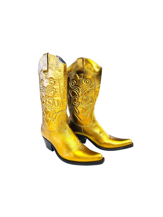 Size 7 Metallic Gold Leather Cowboy Boots Embroidered Butterfly Snip Toe Western Style Boots Boho Hippie Ethnic Bohemian