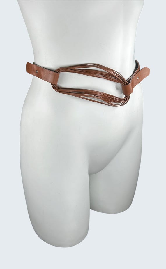 Vintage 90's Emporio Armani Women's Brown Leather Skinny Hip Belt | Minimalist Boho | Size L