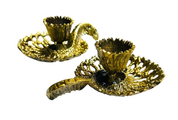 Vintage MCM Oppenheim Brutalist Brass | Two Pair Shabbat Candle Holders | Midcentury Judaica Made in Isreal Jewish Collectible