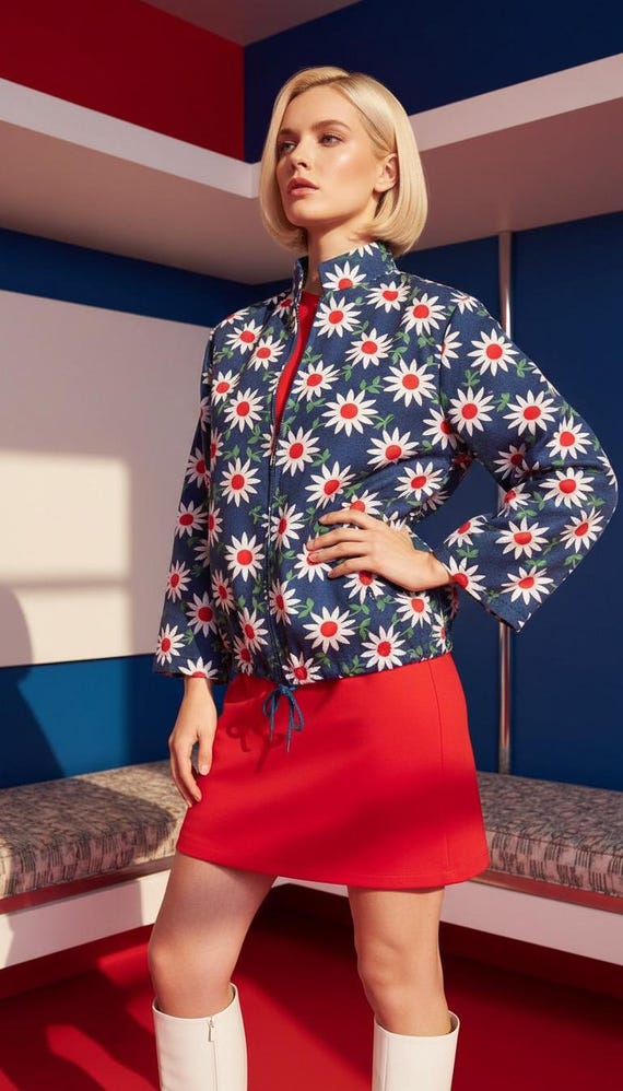 True Vintage 60s Mod Daisy Jacket  | Red White and Blue Flower Power Print |Cotton Beach Spring Jacket Mandarin Collar Coverup Made in Japan