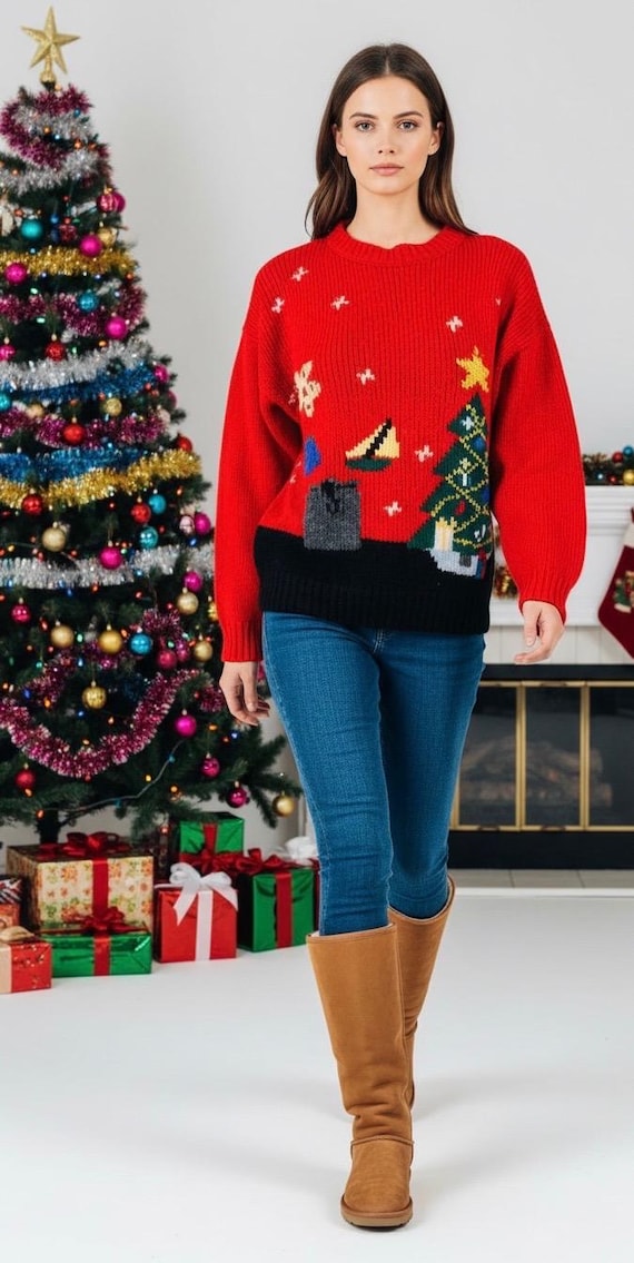 Vintage Size L 40” Chest Gender Neutral | 70s 80s Ugly Christmas Party Sweater Holiday Sweater Christmas Tree Present Metallic Knit