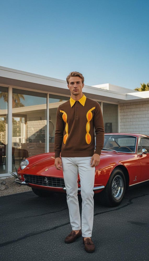 DEADSTOCK Mod Vintage 60s Finchley NY Panel Shirt Loop Collar | Brown Wool Knit with Leather Accents Orange Goldenrod  | Size M 42 43