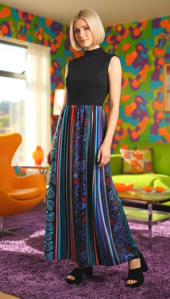 Vintage 60s 70s Mod Colorful Psychedelic Print w/ Hearts Colorblock Sleeveless Top Maxi Hostess Dress Sundress Garden Party Boho Hippie Vtg