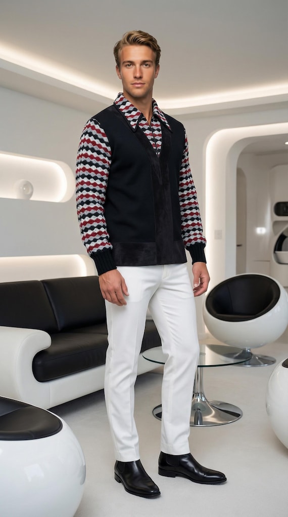 Vintage 60s OLEG CASSINI Zippered Flame Knit Wool MOD Couture Suede & Knit Sweater Shirt Size M 42