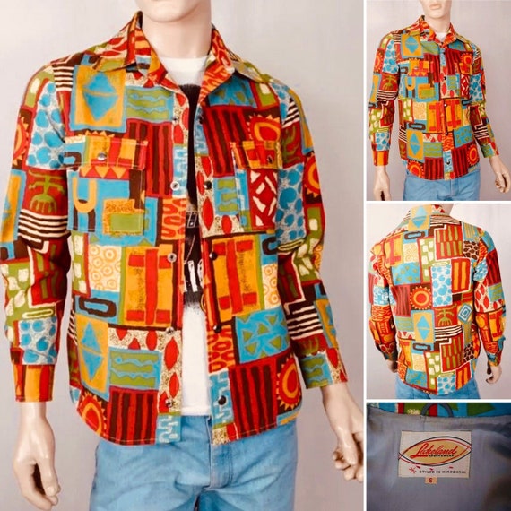 Vintage 60s Rare Men's / Lakeland Sportswear PsYcHeDeLiC Mod SnoW Boarding SKI Apre Colorful Canvas Patchwork Shirt Jacket Festival boho