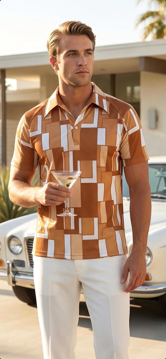 Vintage 1970s Men's Lilly Dache Op Art Geometric Mid Century Pattern Big Collar Disco Mod Polo Shirt | Size L 44-46" Chest