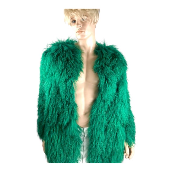 Vintage Crazy Bright Green Rockstar Gender Neutral Shaggy Mongolian Curly Lamb Fur | Rock and Roll Hip hop Rap | Diva Drag Queen Chest 39"