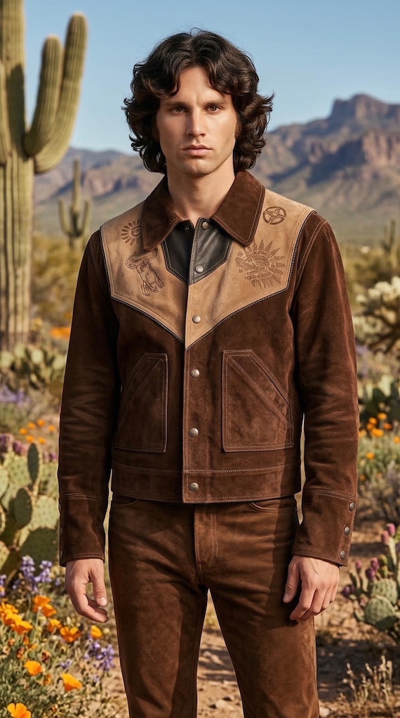 Vintage 70s El Toro Bravo Brown Suede Jacket |Two Tone Leather Embossed Design | Western Biker Native Aztec Mexican Rock Star