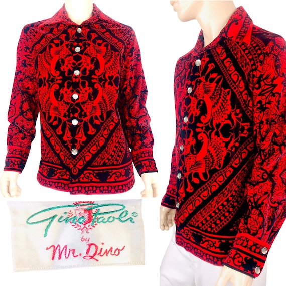 Men’s Size XL | Vintage 60s 70s Rare Mod GINO Paoli by Mr. DINO Collaboration Couture Velvet Shirt Peacock Pattern Red & Black Wide Collar