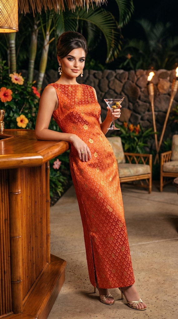 Vintage 60s Malia Hawaiian Metallic Brocade Cocktail Hostess Maxi Resort Evening Dress Gown