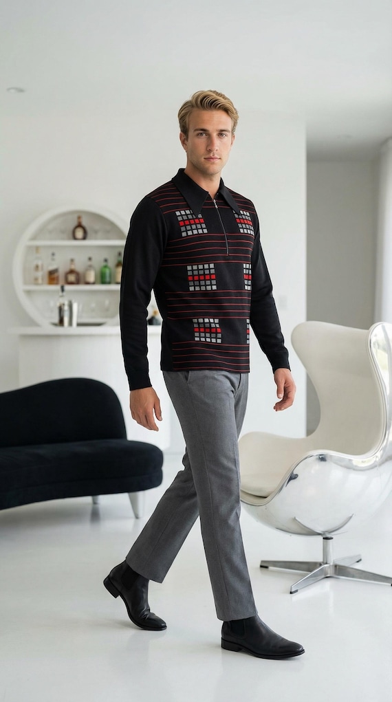 Vintage 1960's Men's CAMPUS Black Red Gray Op Art Mod Retro Geometric Patterned Knit Shirt | Size M