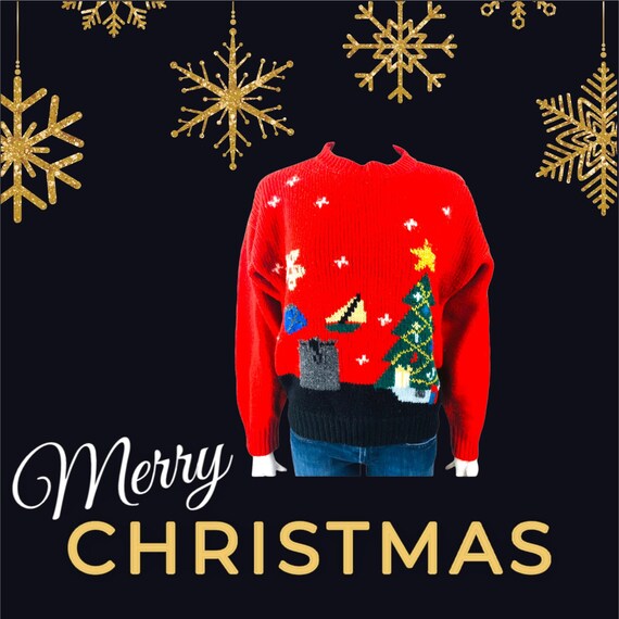 Vintage Size L 40” Chest Unisex | 70s  80s Ugly Christmas Party Sweater Christmas Sweater Christmas Tree Christmas Present Metallic Knit