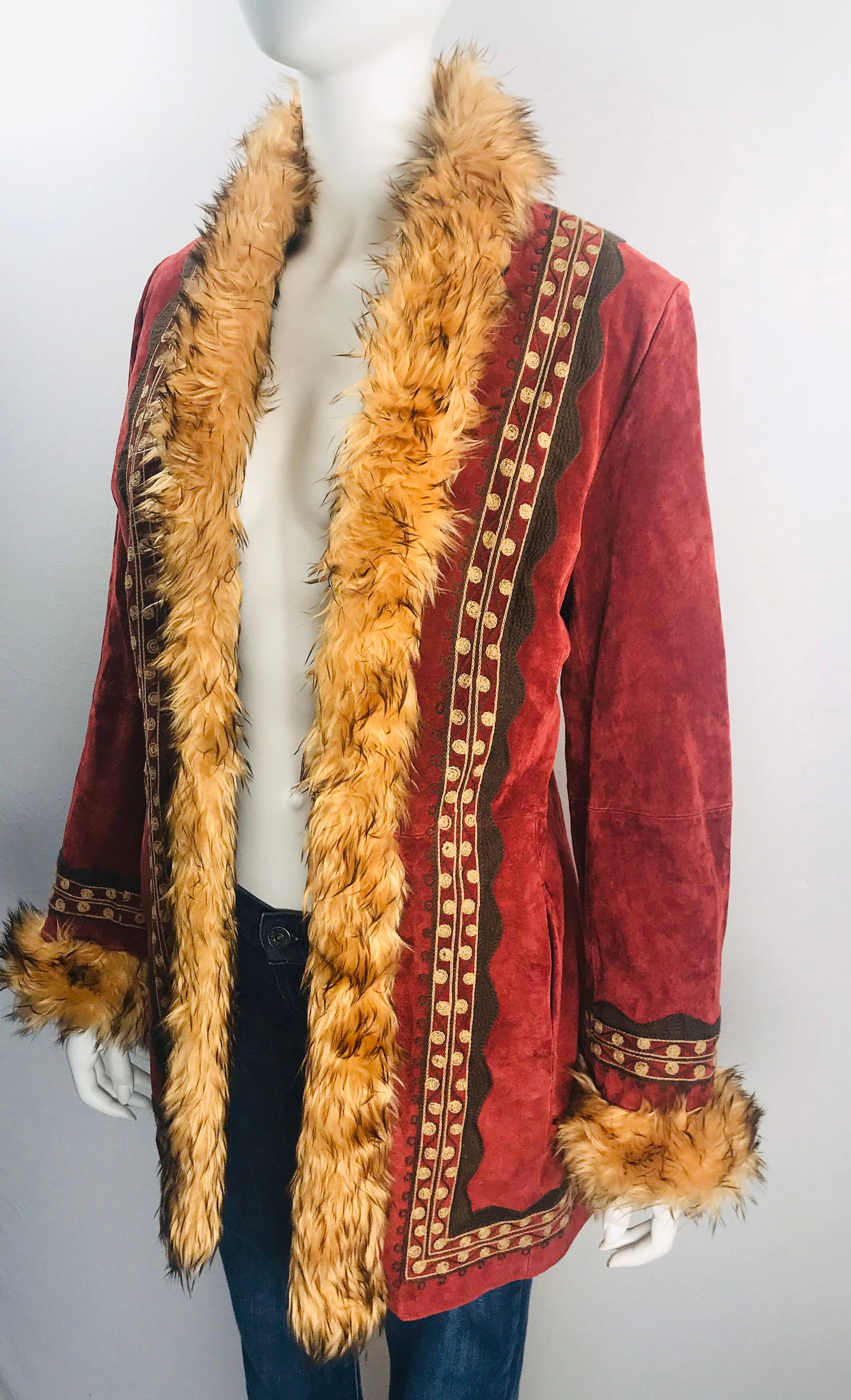 Vtg Deadstock Sz L Vintage Embroidered Afghan Suede Faux Shearling