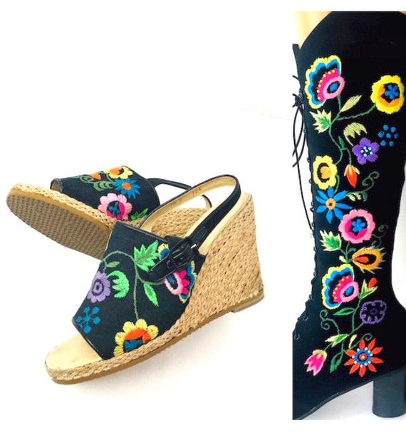 Size 7.5 - 8 | Vintage 60s 70s Jerry Edouard Jerrold RARE Colorful Embroidered Flowers Black Espadrille Wedge Womens Sandals Boho Hippie