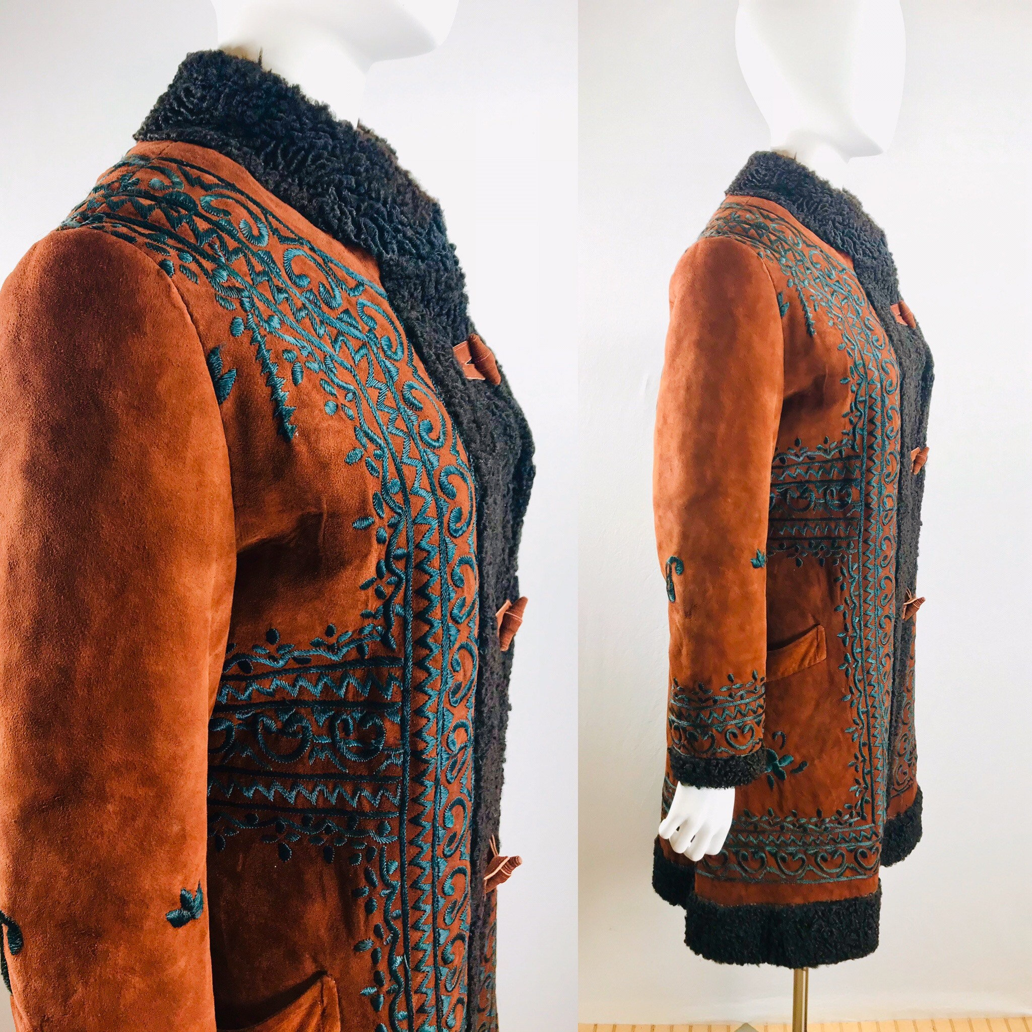 Vintage Size M 40 60s / 70s Long Embroidered Afghan Shearling Sheepskin Curly Lamb Fur Trim