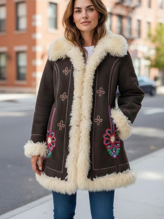 Amazing True Vintage 70's Rainbow Flower Embroidered Afghan Shearling Sheepskin Penny Lane Coat | Hippie BoHo Bohemian Coat Jacket 60s Clean