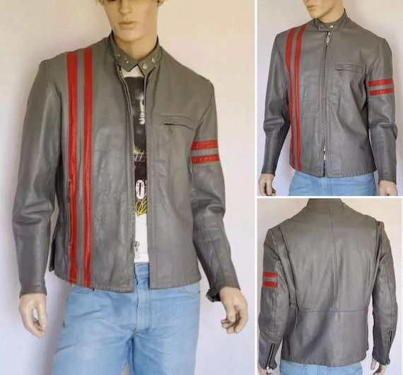 Vintage Rare 1970's SEARS ReTrO Striped Gray & Red Leather | CaFe RaCeR MoToRcYcLe Rocker Biker Moto Jacket L
