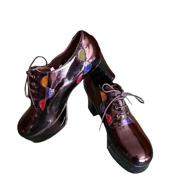 Womens Size 8.5 39 | Vintage 70s Bespoke Platform Black Patent Leather Colorful Cutouts Bassatto Italy | Oxford Disco Lace Ups | Glam Rock