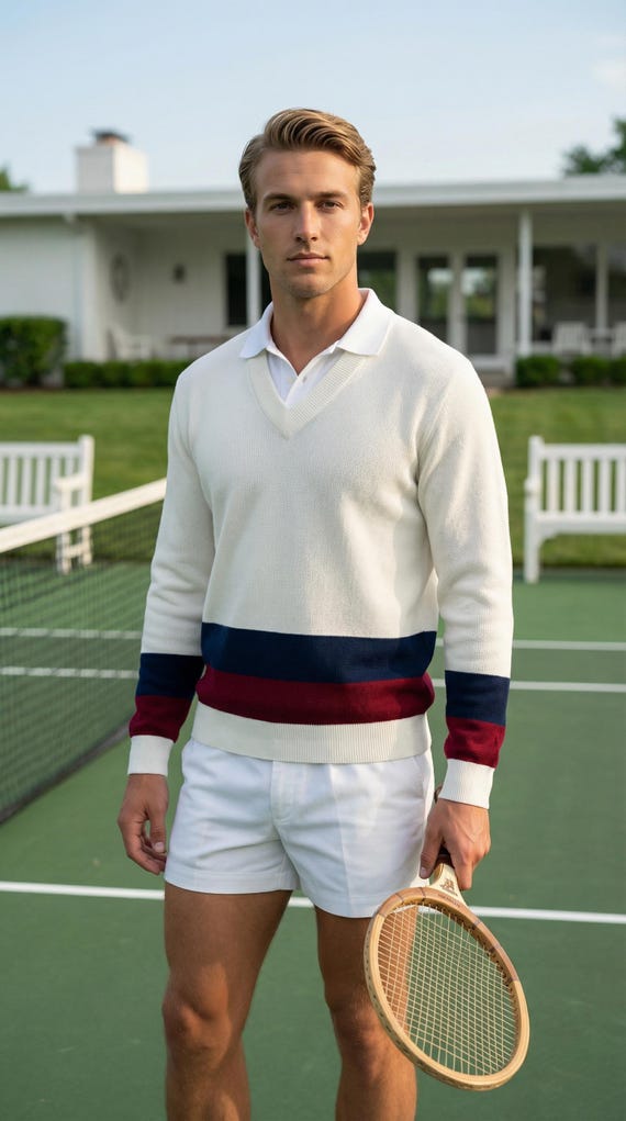 Vintage 60's Izod of London Lacoste Tennis Sweater | Preppy White Color Block Striped V-neck Sweater Cricket Jumper Size XL