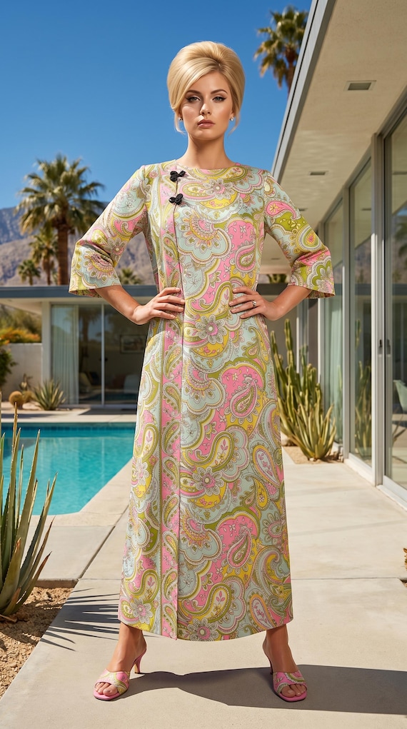 Vintage 60s Linda of California Paisley Caftan Loungewear | Mod Cabana Beach Wear