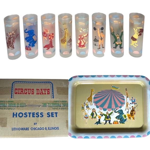 NIB Vintage 50s Circus Days Barware Set -  Lith-O-ware 8 Glasses & Tray | Midcentury Bar High Ball Mojito Collin Zombie Paloma