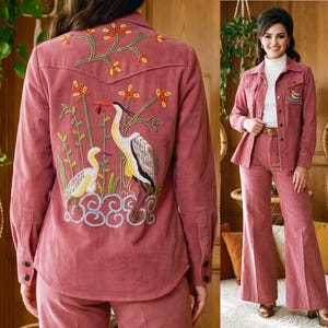 Vintage 70s St. Chamond Beaded Pant Suit Bird Flower Western Glam  Jacket & Pants