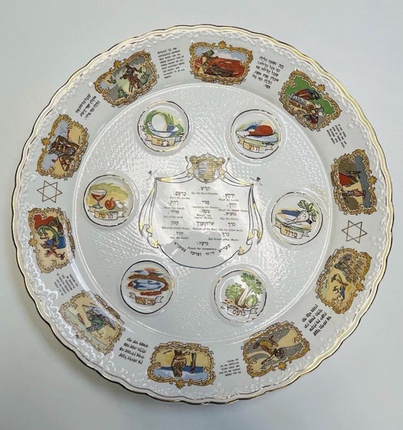 Vintage Arnart Hand Painted Porcelain Sedar Dish | Plate 17” Circle Platter | 10 Plagues of Egypt Passover Pesach | Judaica Made in Israel