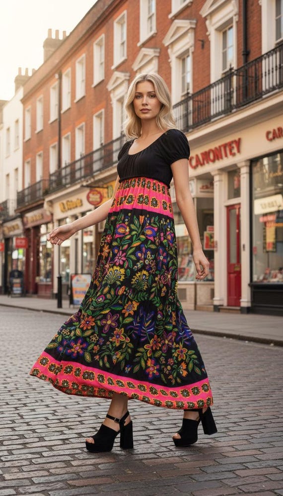 True Vintage 60s 70s Psychedelic YOUNG EDWARDIAN by ARPEJA | Neon Flower Pattern | Hippie BoHo Mod Maxi Dress Gypsy Floral