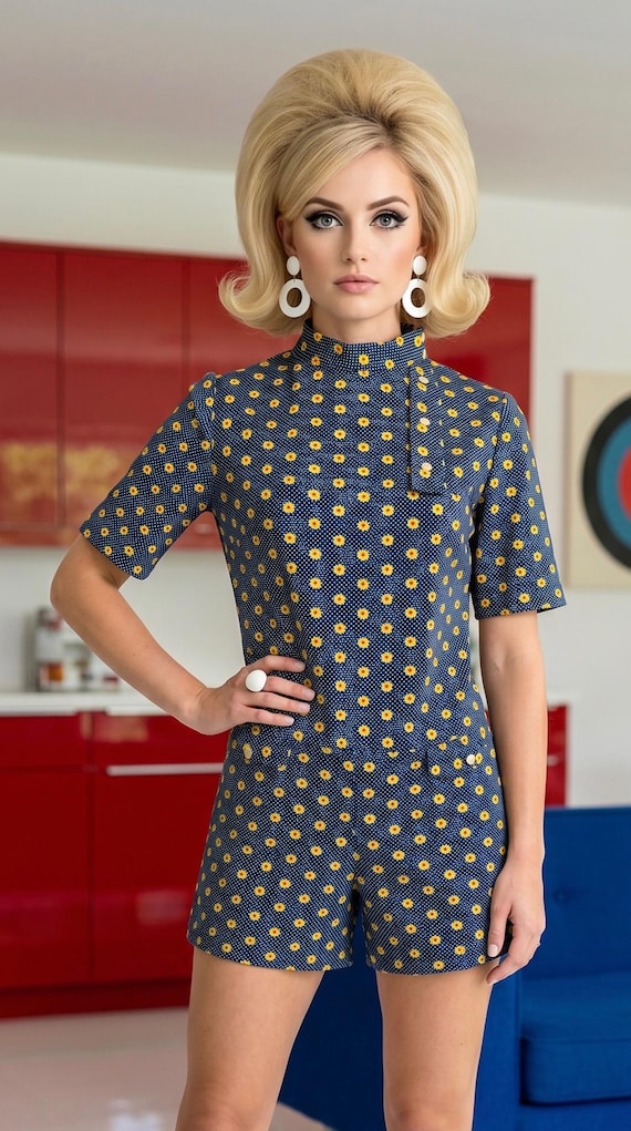 Vintage 60s Mod Daisy Print Polka Dot Romper Playsuit | Size M