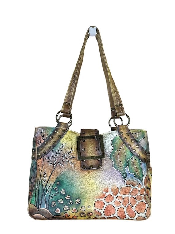 Vintage 90's Anuschka Hand-Painted Animal Safari Jungle Large Leather Handbag Purse Tote