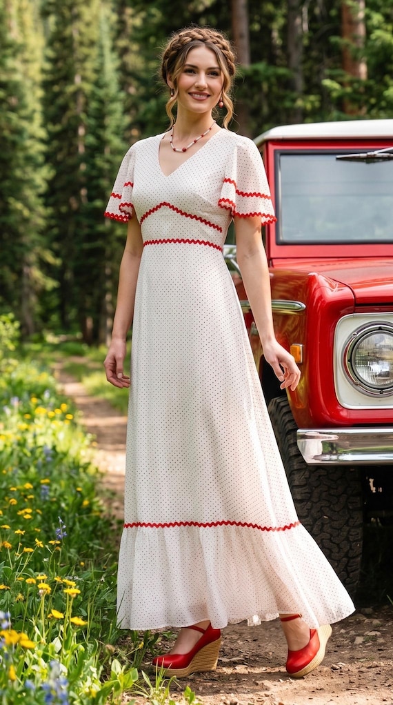 Vintage 70s Red White Swiss Polka Dot Maxi Dress |  Ric Rac Trim Prairie Style Size 9 S