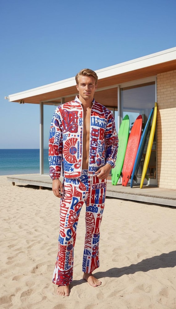 Vintage Mens 1960s | Sears 1969 Summer Love Collection | Psychedelic MoD Surfer NY Yankees PoP ArT Cabana Beach Pants Jacket Set Size M Vtg