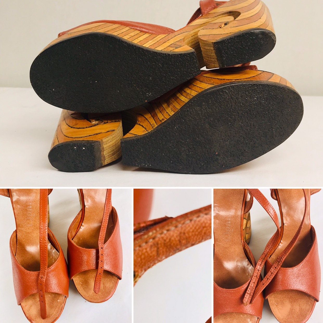 So Hot ~ Size 7.5 8 | True Vintage 70s Huge Zebra Wood Cutout Platform Leather | Disco Boho 