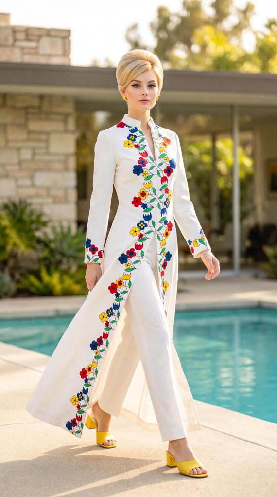 Vintage 60s White Folk Art Embroidered Flower Maxi Hostess Pant Suit - 2 Pc Couture Outfit Set