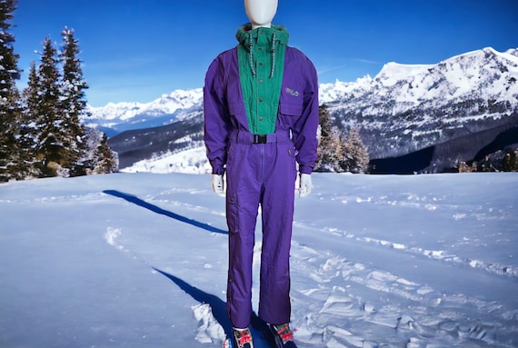 Vintage 80s 90s FILA MAGIC LINE ~ Colorblock Purple Green One Piece Ski Suit Converts Overalls Hooded | Gortex Skiwear Snow Boarding