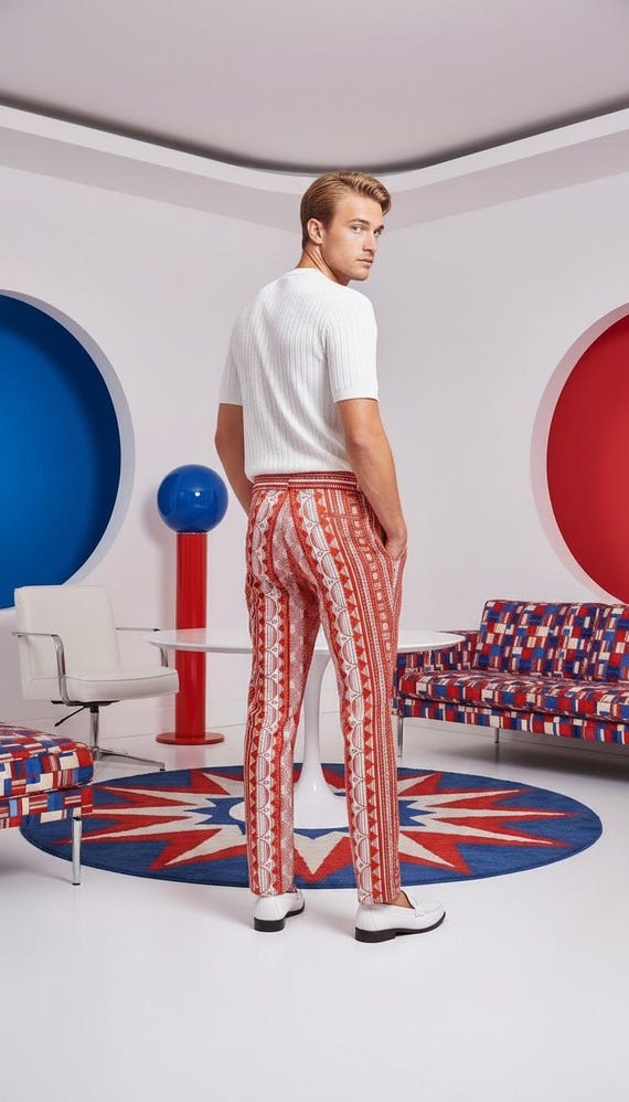 Deadstock  Mens 36 x 31 Vintage Rare 1960s LEE | Golf Pants MoD Optic Red White All over Pattern Pants Festival DiScO ReTrO FuNkY