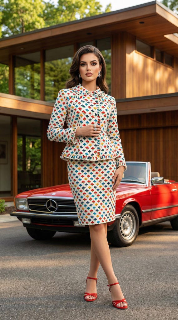 Vintage 80s Couture Bill Blass White Colorful Floral 2 Piece Jacket & Skirt Suit Set - Size 10 S