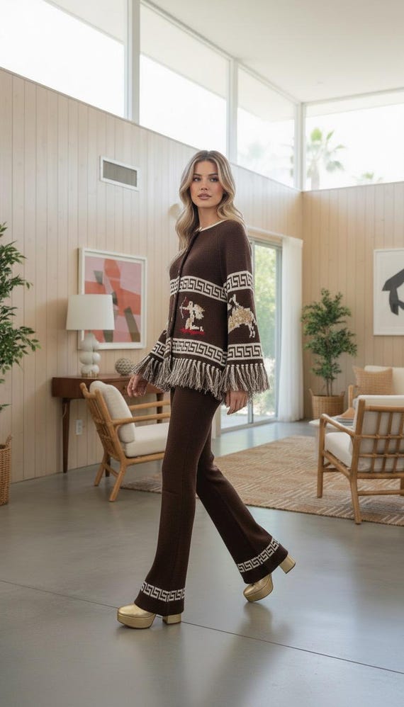 RARE Vintage Zodiac Sweater PANTS Matching Set | 60s 70s Astrology Fringe Poncho Style   Horoscope Signs Greek key | Hippie Boho Aquarius