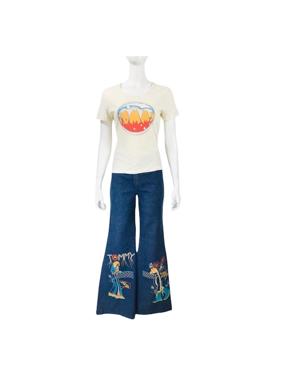 Rare Vintage 1970s THE WHO'S TOMMY The Movie ~ PiNBall WiZard Embroidered Bell Bottom Jeans and T Shirt Elton John Roger Daltrey Broadway