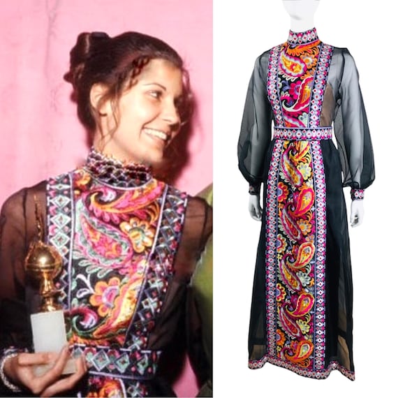 DONALD BROOKS Vintage Couture 1960s | Black Silk Organza Psychedelic Colorful Embroidery | Sheer Formal Evening Gown Dress Museum Quality